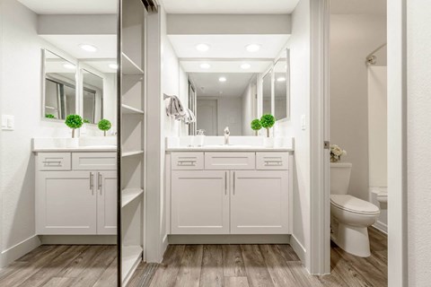 a white bathroom with a large mirror and a toilet